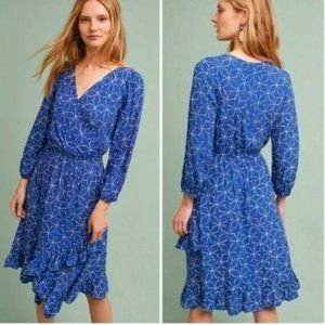 Plenty by Tracy Reese | Blue Pinwheel Print Ruffle Faux Wrap Dress Size Small